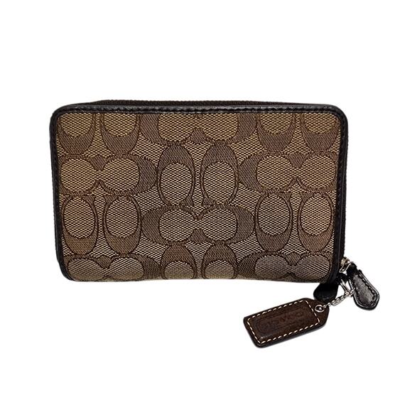COACH Signature Monogram Fabric Leather Brown Two-Tone Double Zip Around Wallet - Picture 7 of 10